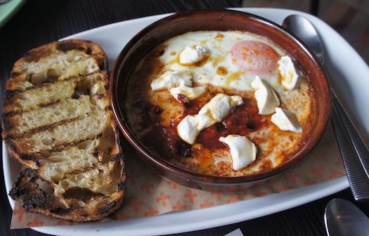 Baked eggs with goats cheese and honey ($18)