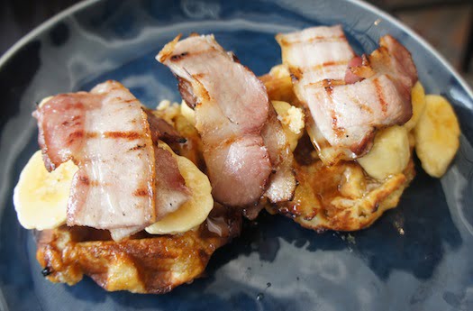 Belgian waffle, banana maple syrup and smoked bacon ($28)