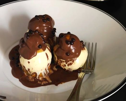 'Gowings Classic Profiteroles' - Filled with Crème Pâtissière & Vanilla Ice-Cream, Drowned in Valrhona Dark Chocolate Sauce