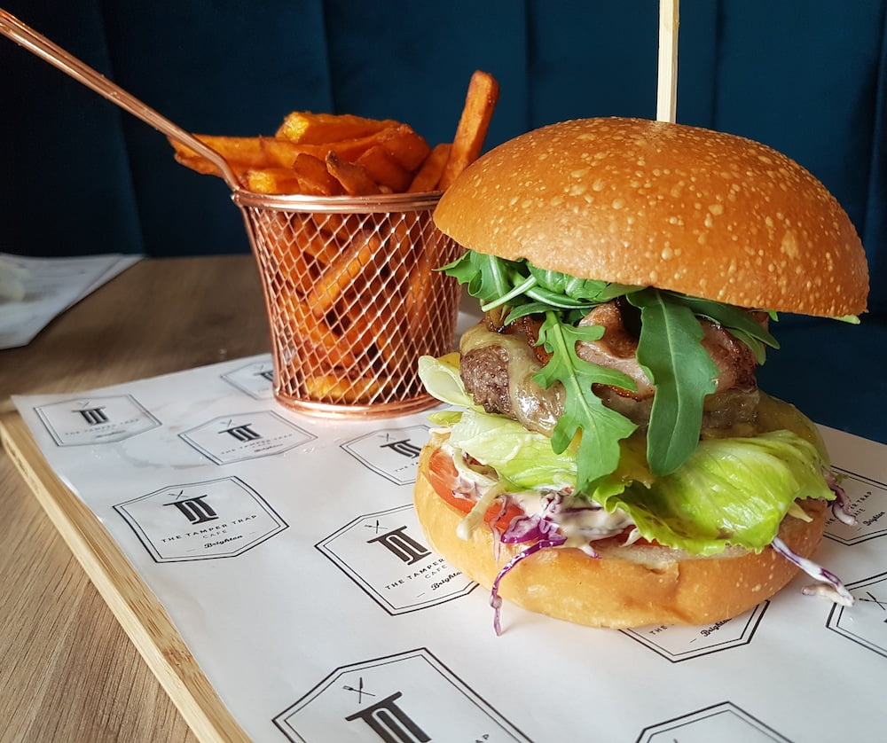The Tamper Trap bee burger with sweet potato fries