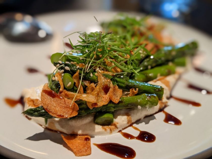 Grilled local asparagus, teriyaki glazed with tofu mousse