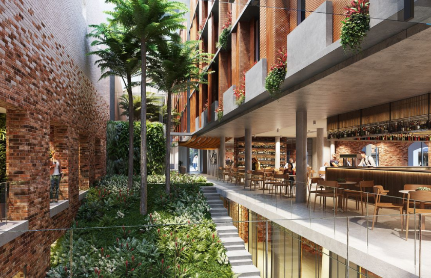 Artists impression render of courtyard of new 25Hours Hotel Sydney set to open in 2024.