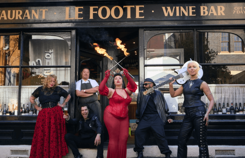 Characters and staff of Swillhouse's swillfest in front of Le Foote at the Rocks