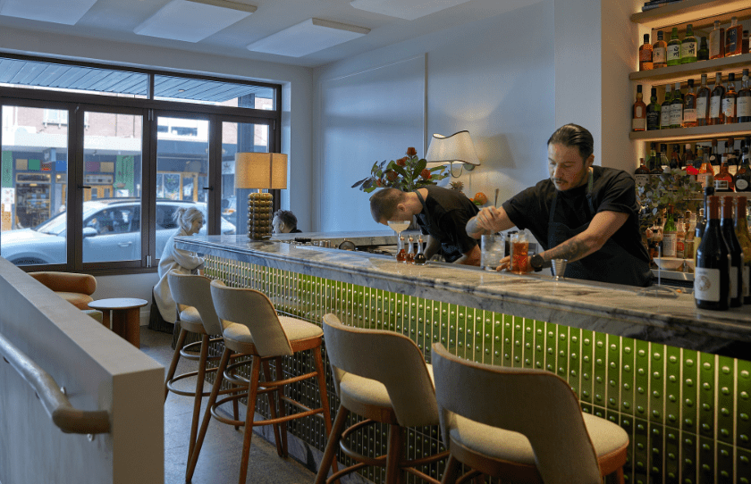 The Bar is Bronte's New Restaurant Table Manners. Tiled green with lights under the counter