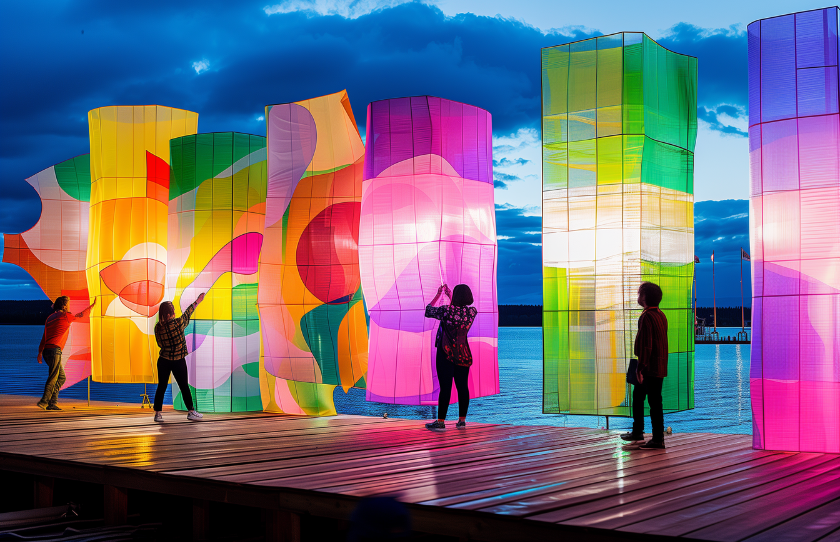 Barangaroo harbour light exhibition with lots of colours for Fringe Festival experience at The Streets of Barangaroo. Lights have pink, green and multicolours 