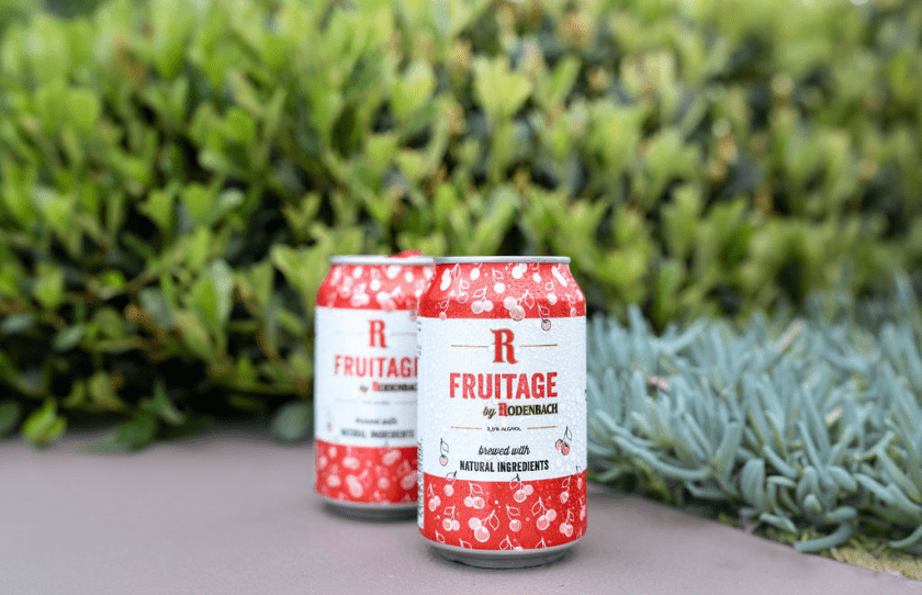 two cans of Rodenbach Fruitage cans in front of a green bush - October Drinks Guide 2024