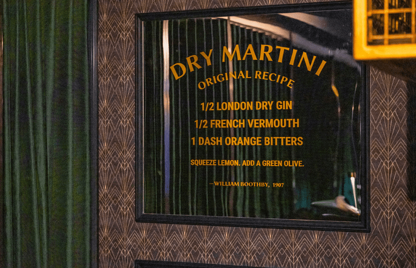 Mirror with dry martini recipe on the wall of the bar - Grant Collins Gin Lane